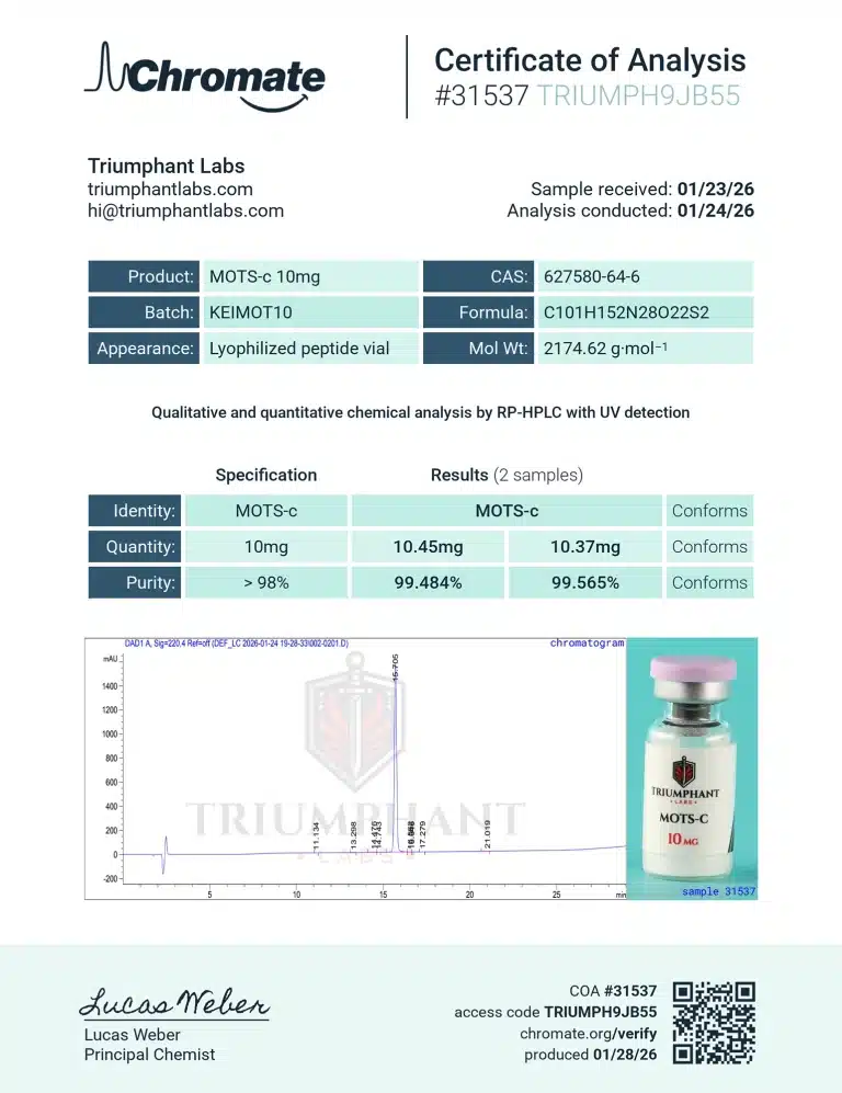 Certificate of analysis for MOTS-C 10mg