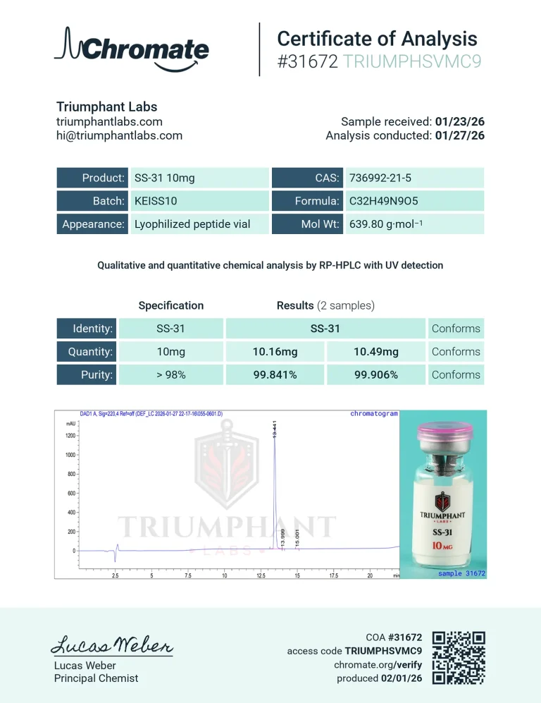 Certificate of analysis for SS-31 10mg