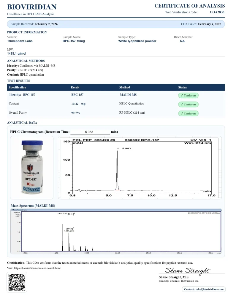 Certificate of analysis for BPC-157 10mg