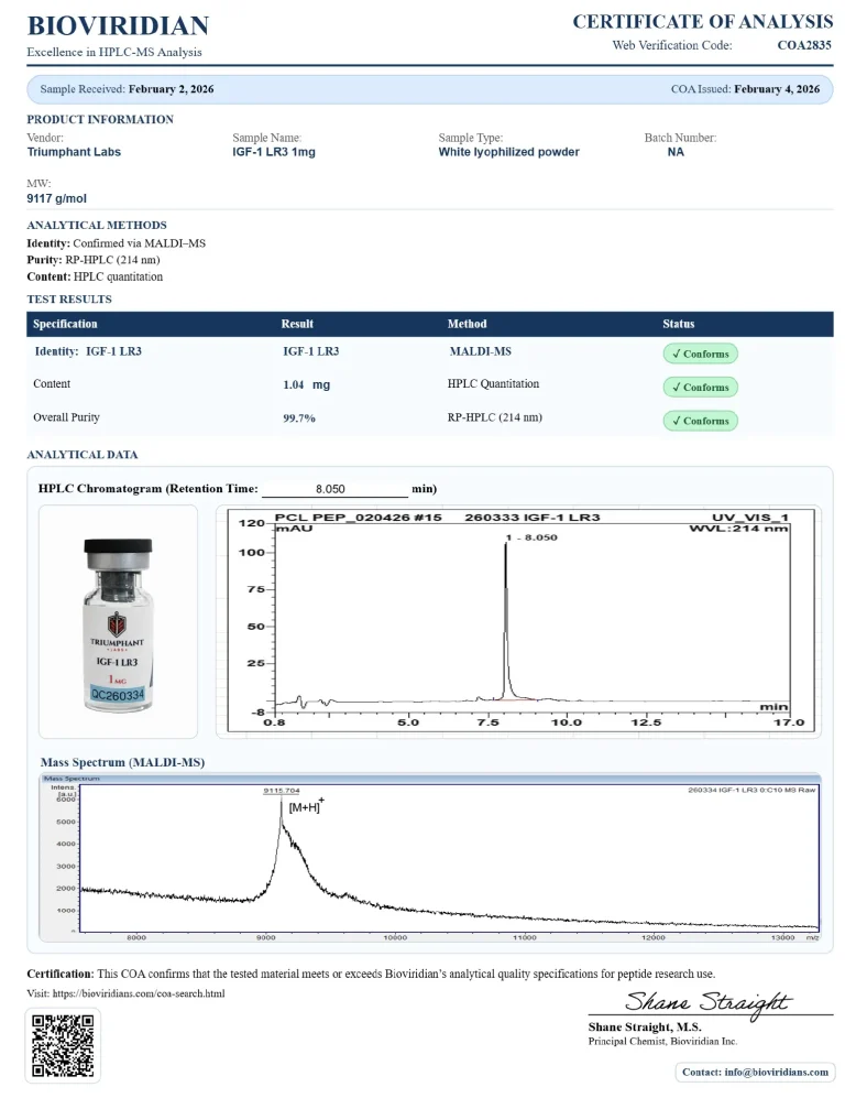 Certificate of analysis for IGF-1 LR3 1mg