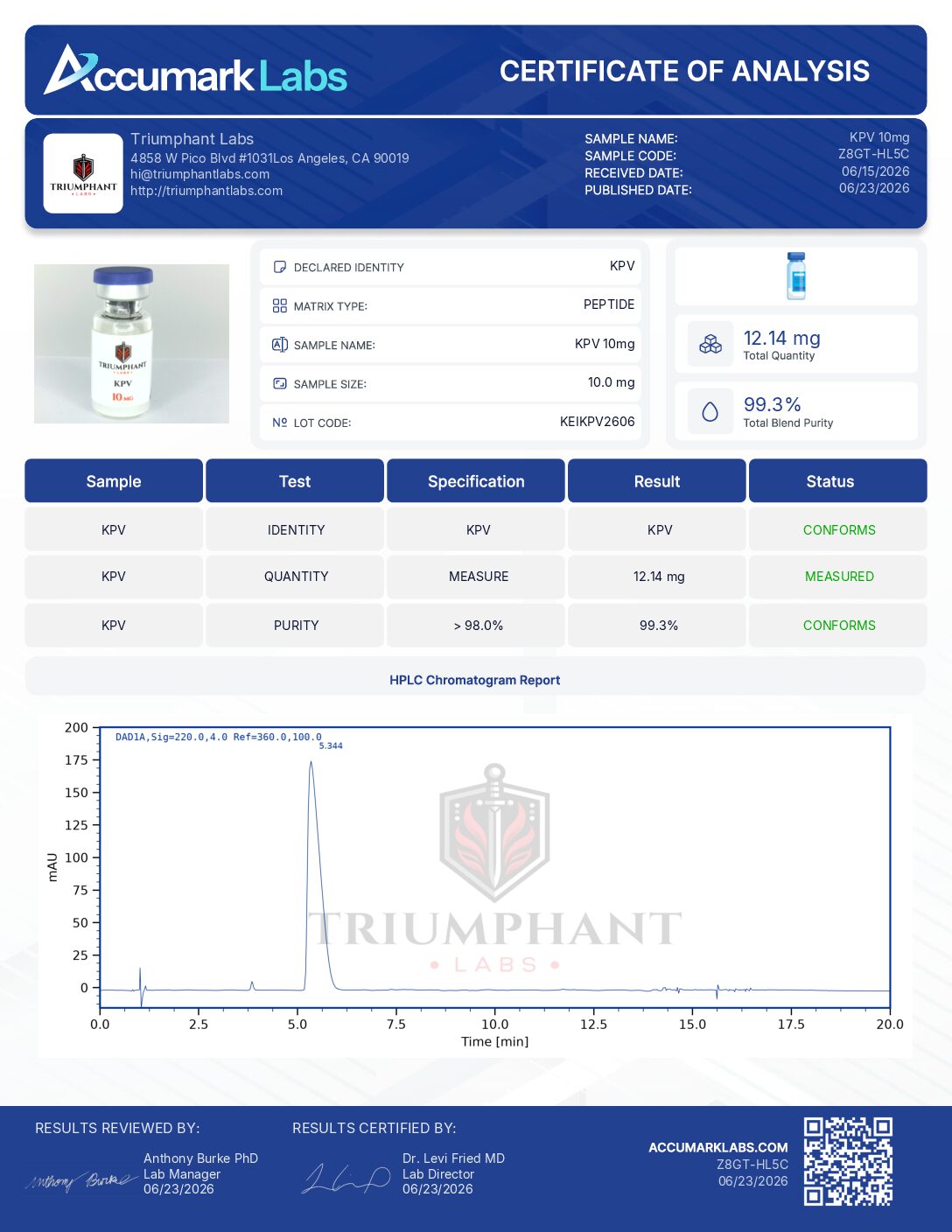 Certificate of analysis for KPV 10mg