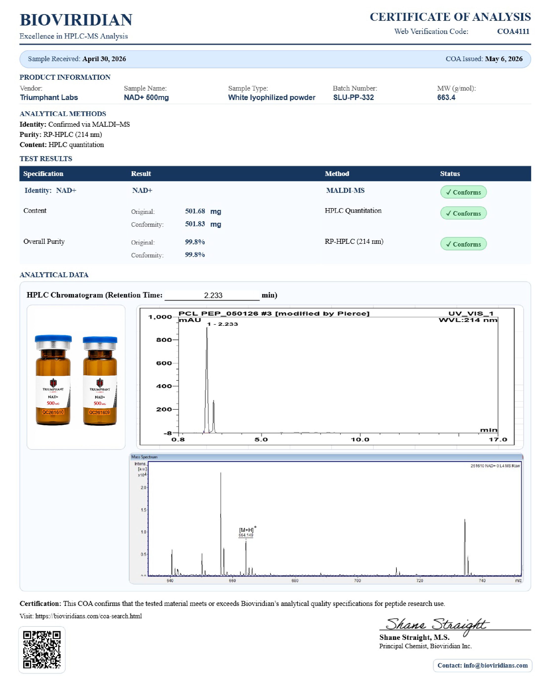 Certificate of analysis for NAD+ 500mg