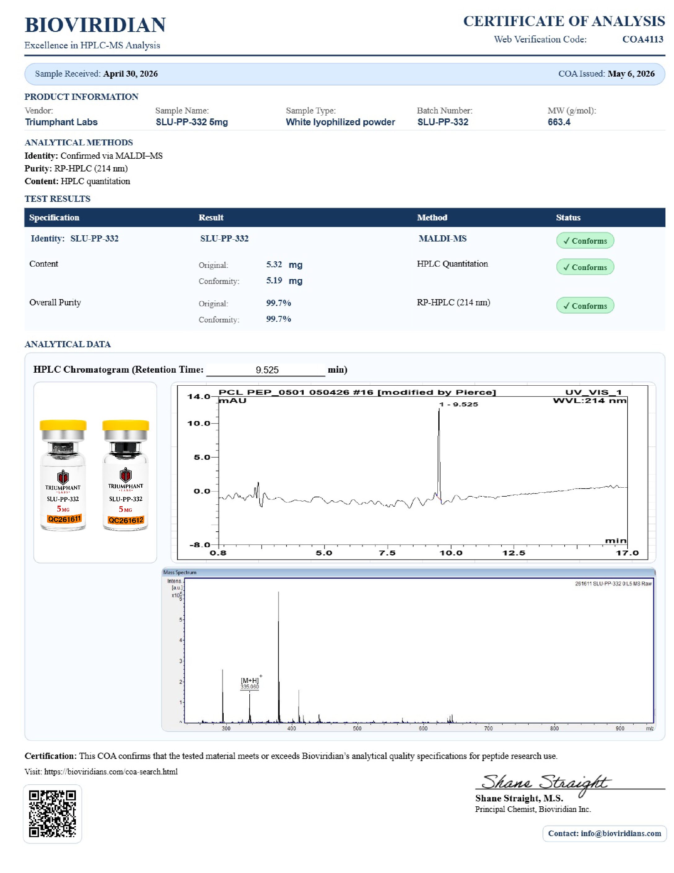 Certificate of analysis for SLU-PP-332 5mg