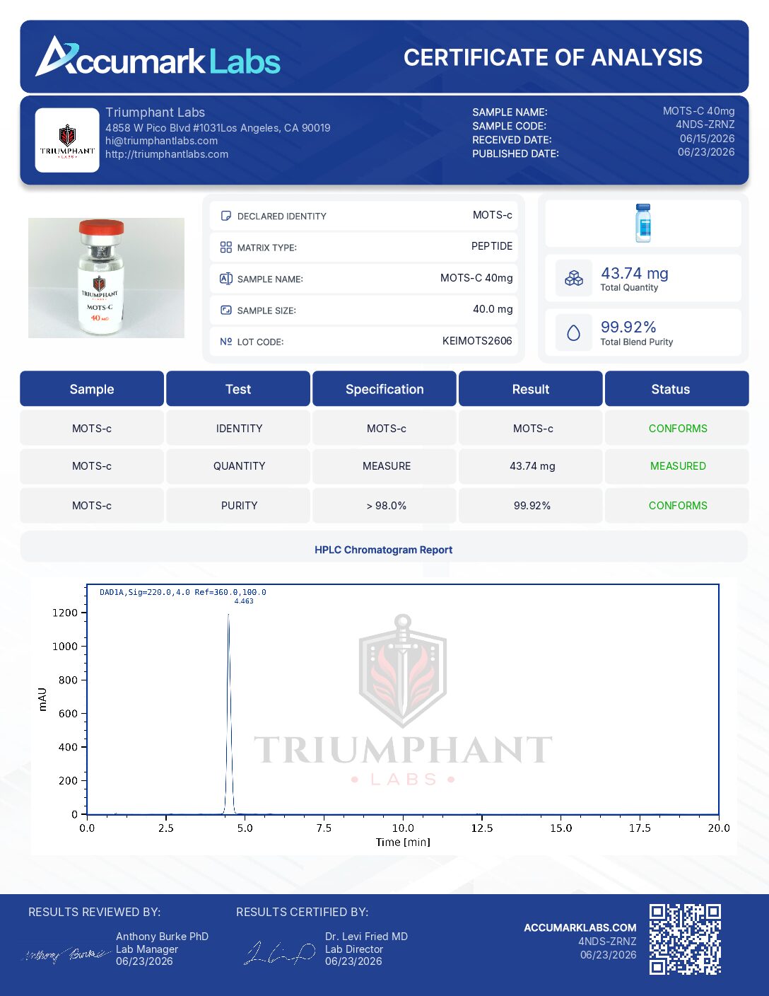 Certificate of analysis for MOTS-C 40mg