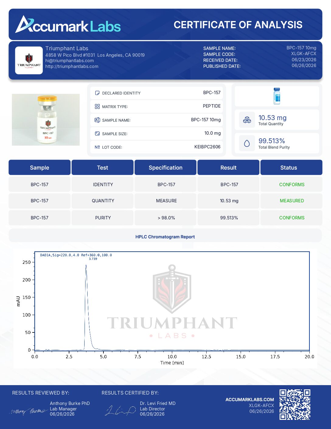 Certificate of analysis for BPC-157 10mg